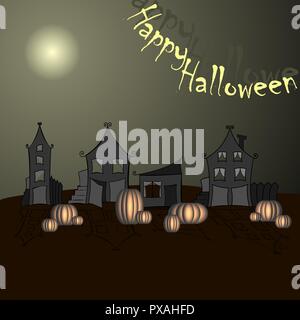 Halloween pumpkins and dark castle on blue Moon background, illustration. Stock Vector