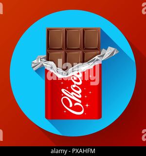 Chocolate bar in opened red wrapped. Chocolate icon Stock Vector