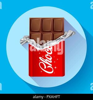 Chocolate bar in opened red wrapped. Chocolate icon Stock Vector