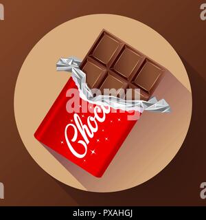 Chocolate bar in opened red wrapped. Chocolate icon Stock Vector