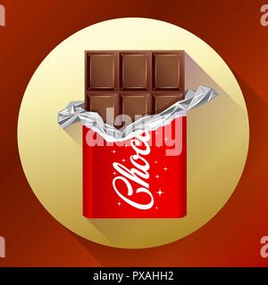 Chocolate bar in opened red wrapped. Chocolate icon Stock Vector