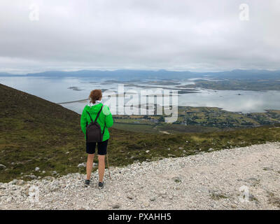 July 10,2017 - Westport, Ireland: The tourist on the road from the top of the mountain. View from Croagh Patrick mountain in Co. Mayo, Westport, West  Stock Photo