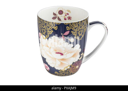 Mug cup isolated on white background - beautiful decorated cup with dark blue, gold and pink hand painted design Stock Photo
