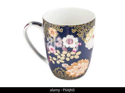 Mug cup isolated on white background - beautiful decorated cup with dark blue, gold and pink hand painted design Stock Photo