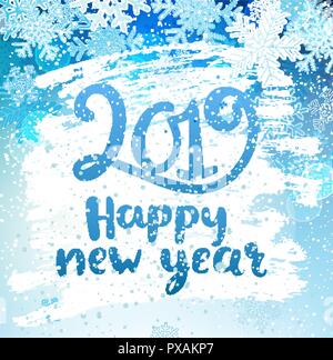 Happy 2019 New Year holidays geeting card with snowflakes on iced and frosted window. Wishing happy holidays holidays, hand drawn lettering. Vector illustration. Stock Vector