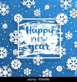Happy New Year greeting card with square frame and snowflakes on frosty window.Wishing happy holidays, hand drawn lettering. Vector illustration. Stock Vector