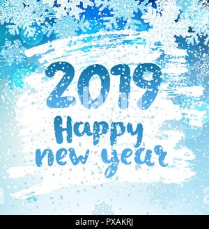 Happy 2019 New Year holidays geeting card with snowflakes on iced and frosted window. Wishing happy holidays holidays, hand drawn lettering. Vector illustration, perfect for use in web design, print. Stock Vector