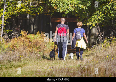 Young couple are hiking through the forest with their pet dogs Stock Photo