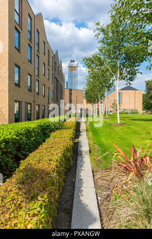 One of the Deansgate Square towers seen from the grounds of the Brooks Academic building, Birley Campus, Manchester, England, UK. Stock Photo