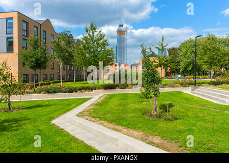 One of the Deansgate Square towers seen from the grounds of the Brooks Academic building, Birley Campus, Manchester, England, UK. Stock Photo