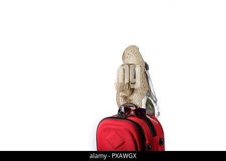 Suitcase and summer hat isolated on white background Suitcase and summer hat isolated on white background Stock Photo
