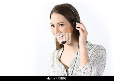 Happy tele marketer looking at camera isolated on white background Stock Photo