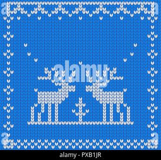 Vector knitted pattern with raindeer. Christmas nordic fair isle elements. Flat vector cartoon illustration. Objects isolated on white background. Stock Vector