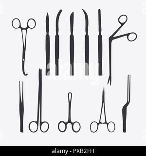 Surgeon instruments silhouettes isolated on white background. Medical tools silhouettes illustration. Stock Vector