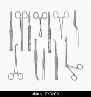 Surgical instruments isolated on white background. Medical tools collection. Stock Vector