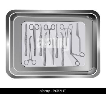 Tray with clamps, tweezers, scalpels and scissors. Set of medical tools vector illustration. Instruments of surgeon on the tray. Stock Vector