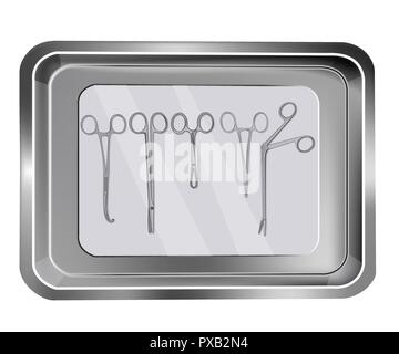 Surgical scissors and clamps on tray. Tray with medical instruments vector illustration. Stock Vector