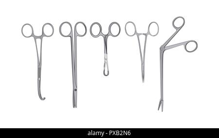 Surgical scissors and clamps isolated on white background. Medical instruments vector illustration. Stock Vector