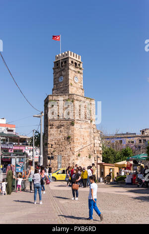 Antalya, Turkey - April 22, 2018: Close up shot of the Clock tower of Antalya Stock Photo