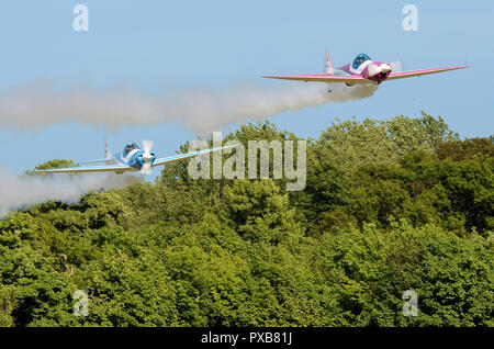 Silence Twister planes of Twister Aerobatics Team carrying out an air display at Henham Park for their airshow in the Suffolk, UK countryside. Trees Stock Photo