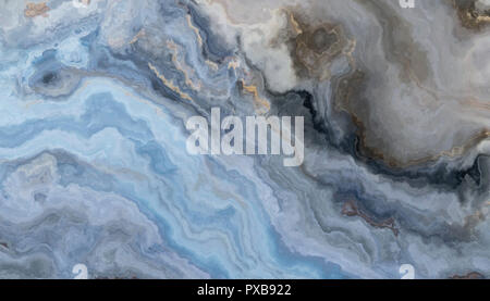 Blue marble pattern with grey and gold inclusions. Abstract texture and background. 2D illustration Stock Photo