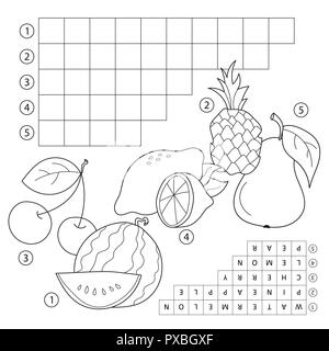 Crossword puzzle game with fruits. Educational page for children -English words Stock Vector