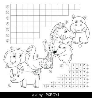 Crossword coloring book page, education game for children about animals Stock Vector