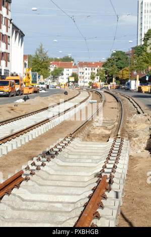 newly laid tram rails, Germany, Europe  I neu verlegte  Straßenbahnschienen, Deutschland, Europa I Stock Photo