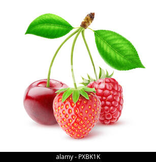 Three isolated berries. Cherry, strawberry and raspberry on stems together (three in one concept) on white background, with clipping path Stock Photo