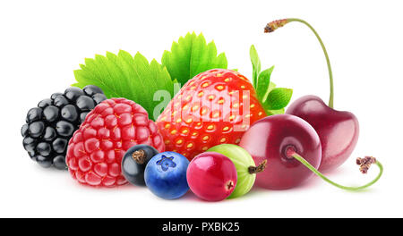 Isolated berries. Pile of fresh fruits (blackberry, raspberry, black currant, blueberry, cranberry, gooseberry, strawberry and cherries) isolated on w Stock Photo