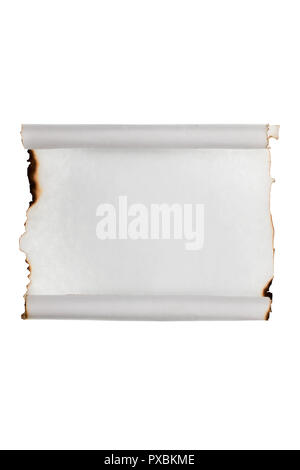 Rolled-up piece of paper with the scorched edges. Isolated on white background Stock Photo