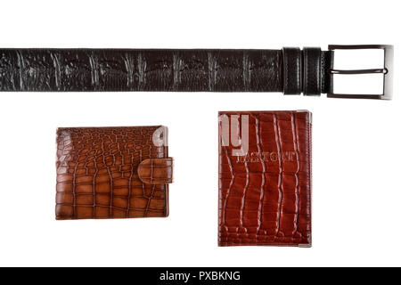 Mens wallet, passport and black belt , isolated on white background. Stock Photo