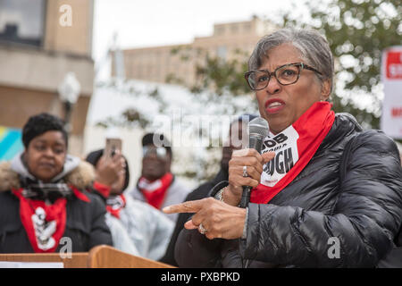 Detroit, Michigan USA - 20 October 2018 - Congresswoman Brenda Lawrence (D-Mich.) speaks as workers and their supporters rally at the Westin Book Cadillac hotel, part of a strike by the UNITE HERE labor union against Marriott Hotels from Boston to Honolulu. Workers want better wages, so they do not have to work more than one job. Stock Photo