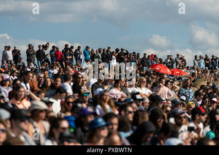 Crowd is seen watching the Portuguese stage of the World Surf League, MEO Rio Curl Pro, held in Peniche.  Brazilian surfer Italo Ferreira won the Portuguese stage of the World Surf League, MEO Rio Curl Pro, held in Peniche. Ferreira defeated frenchman Joan Duru in the final after beating compatriot Gabriel Medina in the semi-finals. Now all the attention goes to Havaii, the final step that will decide the next world surfing champion. Stock Photo