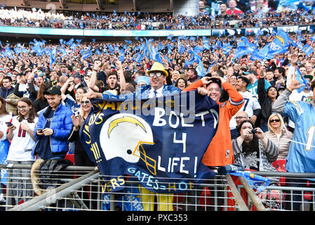 London, UK. 21 October 2018. Chargers fans celebrate. Tennessee