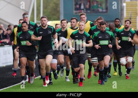 Newcastle upon Tyne, England, 21 October 2018. The Newcastle Falcons players run around the field to warm up before their Heineken Champions League match against Montpellier at Kingston Park. Credit: Colin Edwards/Alamy Live News. Stock Photo