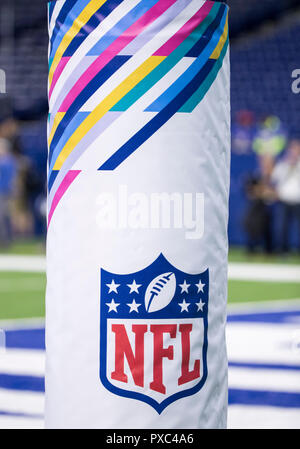 Indianapolis, Indiana, USA. 21st Oct, 2018. NFL Crucial Catch goalpost wrap prior to NFL football game action between the Buffalo Bills and the Indianapolis Colts at Lucas Oil Stadium in Indianapolis, Indiana. John Mersits/CSM/Alamy Live News Stock Photo