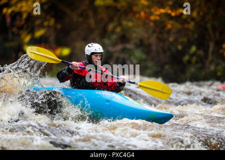 Buncrana, Ireland. Sunday 21 October, 2018  Action from the 2018 CranaFest. CranaFest is a 2-day event for all disciplines of kayaking; sea, lough and river from Grade 2 to Grade 4. It is based in Buncrana, Inishowen, Co. Donegal and takes place in Lough Swilly and the Crana River.  This exciting event is now in its 9th year, it's open to all abilities and attracts participants from all over the world. Credit: Graham  Service/Alamy Live News Stock Photo