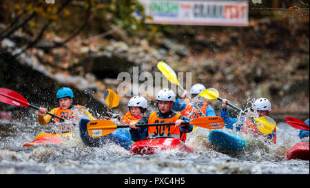 Buncrana, Ireland. Sunday 21 October, 2018  Action from the 2018 CranaFest. CranaFest is a 2-day event for all disciplines of kayaking; sea, lough and river from Grade 2 to Grade 4. It is based in Buncrana, Inishowen, Co. Donegal and takes place in Lough Swilly and the Crana River.  This exciting event is now in its 9th year, it's open to all abilities and attracts participants from all over the world. Credit: Graham  Service/Alamy Live News Stock Photo