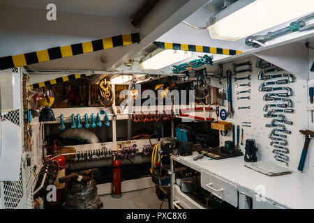 Ship workshop or instrument store. Many different tools Stock Photo
