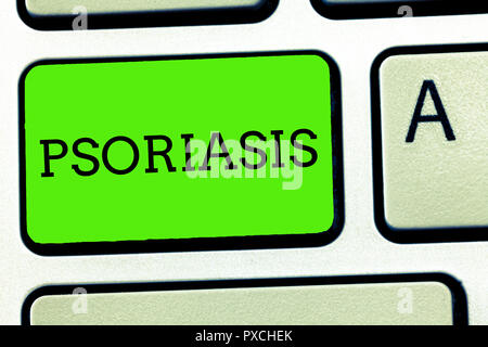 Writing note showing Psoriasis. Business photo showcasing Common skin condition that speeds up the life cycle of skin cells. Stock Photo