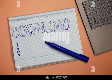 Text sign showing Download. Conceptual photo copy data from one computer system another typically over Internet. Stock Photo