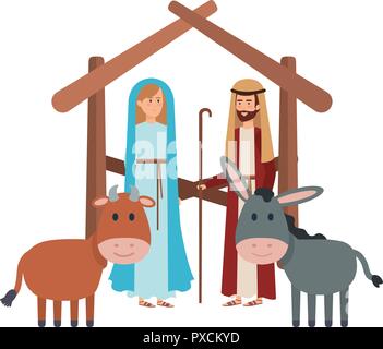 virgin mary and saint joseph with animals Stock Vector