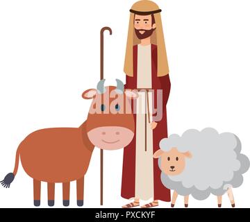 saint joseph with ox and sheep Stock Vector