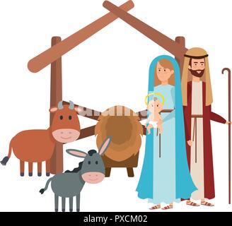holy family with mule and ox manger characters Stock Vector