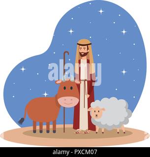saint joseph with ox and sheep on night Stock Vector