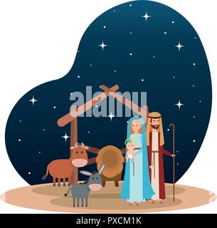 holy family with mule and ox manger characters Stock Vector