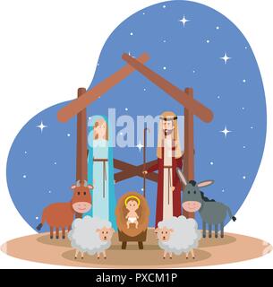 holy family with animals manger characters Stock Vector