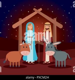 virgin mary and saint joseph with animals Stock Vector