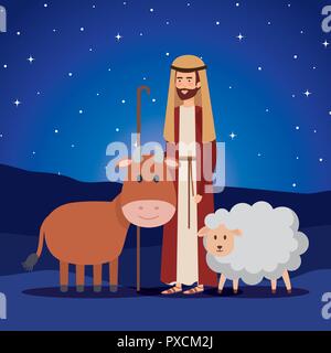saint joseph with ox and sheep on night Stock Vector